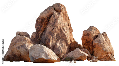 Large rock formation in a desert setting with various boulders scattered around the area during daylight