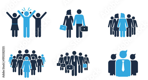 diverse teamwork icons set blue outline - Line and glyph solid icon and logo template - Clipart, sticker - icon set