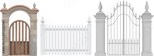 Vector set of architectural entrance gates including a stone arch with wooden door, white picket fence, and ornate iron gate.