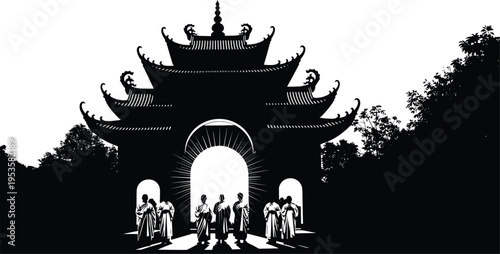 Traditional Buddhist Congregation Praying at Pagoda Shrine with Monks and People Offering Lotus Flowers during Sacred Religious Ceremony Vector - flavector