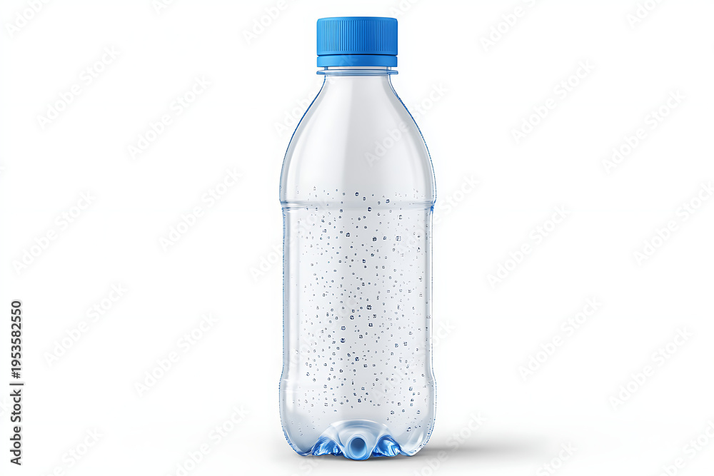 Naklejka premium A clear plastic water bottle with a blue cap and small particles floating inside
