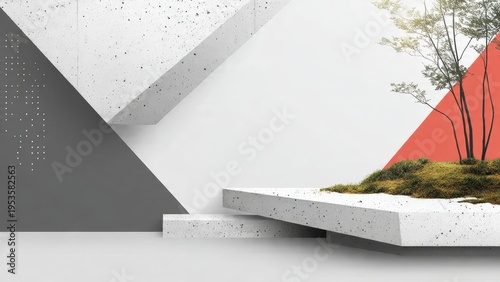 Modern minimalist abstract background with geometric white, grey, and coral shapes, featuring concrete display platforms with natural elements and a small tree.