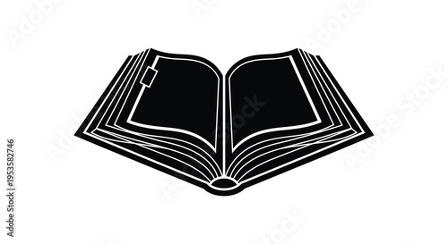 An open book with dark pages and a sharp spine is shown in black silhouette