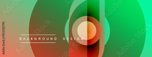 Abstract colorful circles overlap creating dynamic visual effect. Gradient hues blend smoothly, forming modern background design.