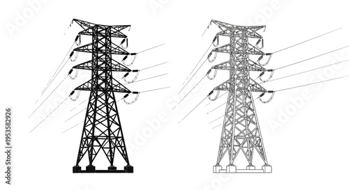 Two high voltage electricity pylons depicted in a minimalist black and white style