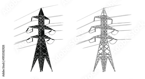 Two electrical transmission towers depicted in a minimalist black and white style
