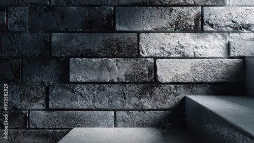 Dark Textured Brick Wall Background with Concrete Steps and Dramatic Lighting - Modern Industrial Architecture Detail