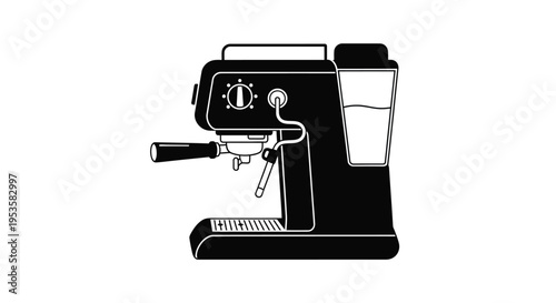 Black and white illustration of a modern espresso machine for home use