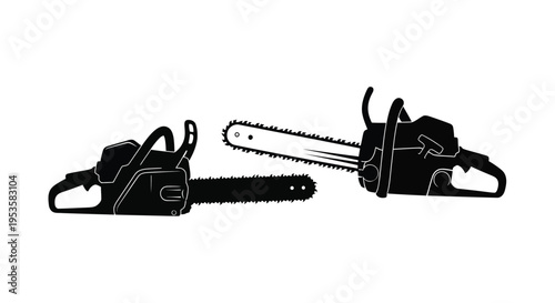 Two black silhouette chainsaws are depicted seemingly disassembled or separated