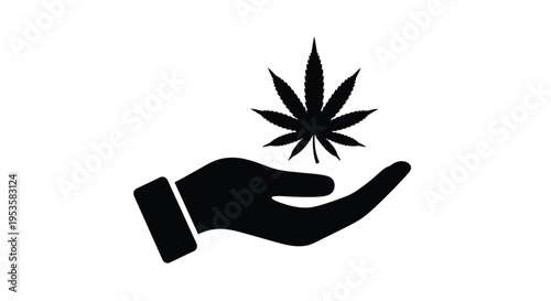 A hand offering a cannabis leaf in a simple black and white illustration