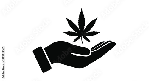 A black silhouette of a hand holding a cannabis leaf