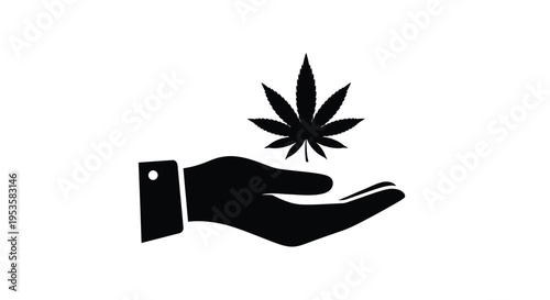 A black silhouette of a hand holding a cannabis leaf