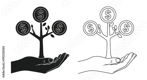 A hand holding a plant with dollar coin leaves two versions shown
