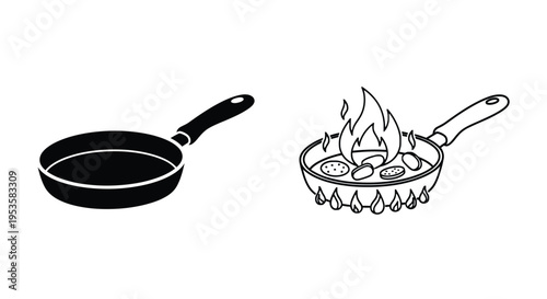 Two frying pans one empty and one with burning food inside
