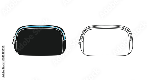 Two cosmetic pouches one black with blue trim the other a line drawing
