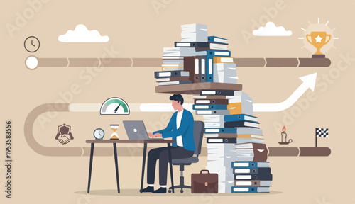 Ability to work under pressure, leadership skill success, control stressed complete too work within timeline concept, calm confident businessman working with laptop while carrying load paperwork