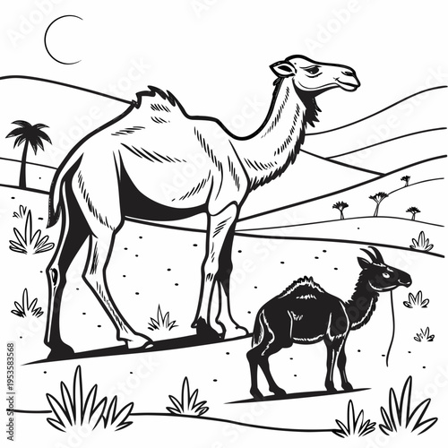 A camel and a baby camel standing in a desert