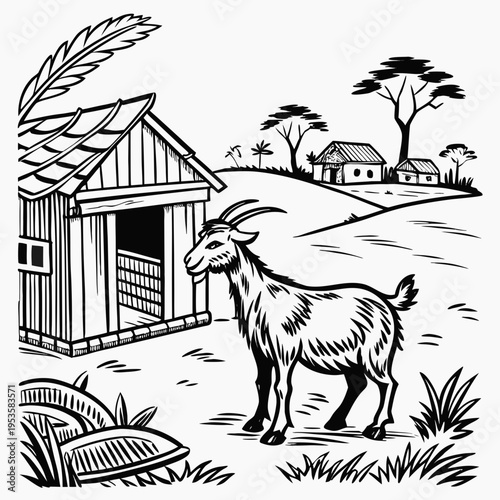 A goat standing next to a small wooden shed