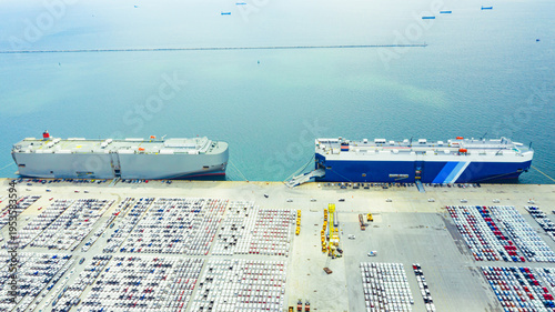 Photos Aerial view of car export terminal filled with thousands of vehicles parked in r