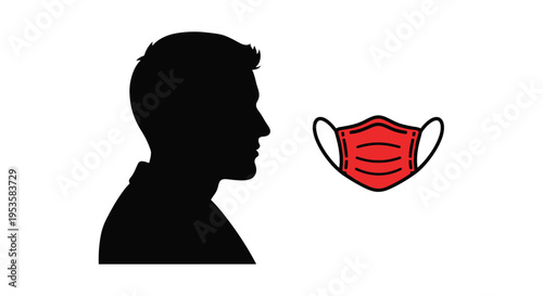 Silhouette of a head with a red medical face mask beside it