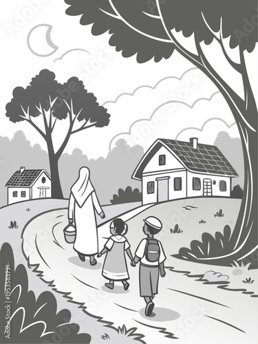A woman and two children walking down a country road