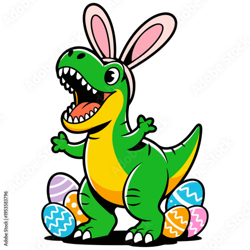 Dinosaur wearing bunny ears with colorful easter eggs cartoon mascot illustration isolated on white background, Easter dinosaur with happy easter egg, Easter bunny ear with easter eggs