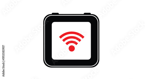 Black smartwatch displaying a red wifi signal icon on a white screen