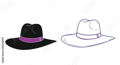 Two hats a black fedora and a light colored wide brimmed hat