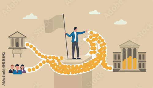 Cash flow, investment fund raising bank loan financial activity making money profit concept, Businessman leader into investor holding flag control money Dollar coins