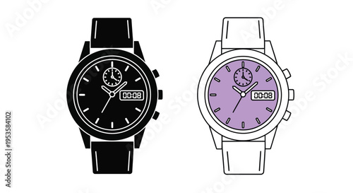 Two wristwatches displayed one black one white with purple face