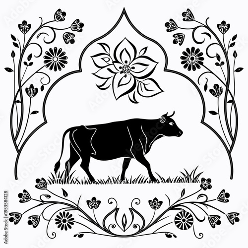 A black cow standing in a field with flowers