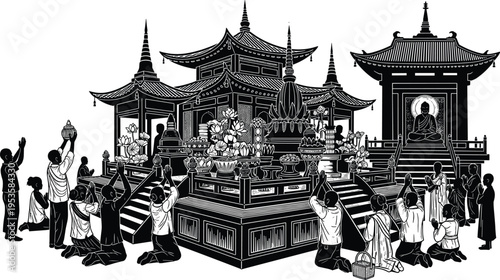 Traditional Buddhist Temple Silhouette with People Praying and Offering Flowers at a Pagoda Shrine for Vesak Day Celebration Vector Illustration