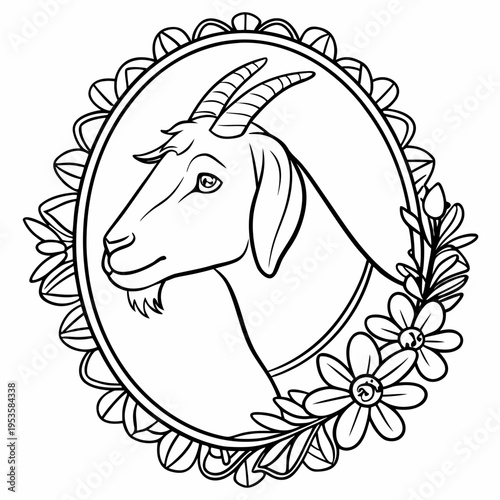 A goat's head with horns and flowers