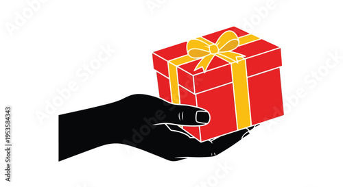 A hand presenting a red gift box tied with a yellow ribbon