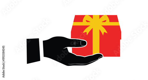 A hand offering a red gift with a yellow ribbon and bow