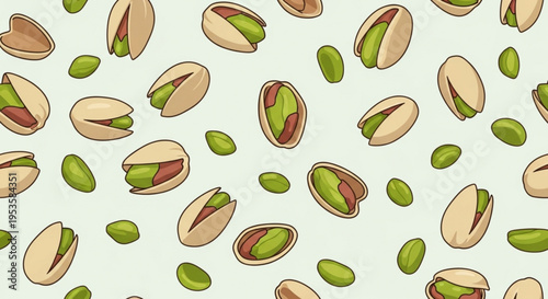 Pistachios scattered randomly on a white background some shelled and unshelled green and beige colors food illustration