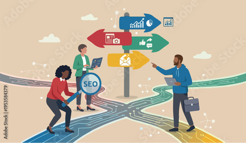 Digital, young people, advertising agency worker working on internet and digital line with SEO magnifying glass.