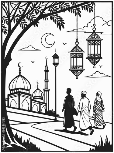 People walking near a mosque on a special occasion