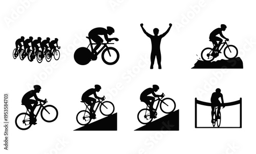 Vector Set of Black Cyclist Silhouettes. Bicycle Racing, Mountain Biking, and Finish Line Icons.