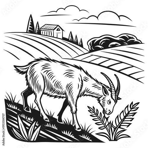 A black and white drawing of a goat on a hillside