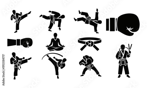 Set of Black Martial Arts and Yoga Silhouettes Vector Icons Collection. Karate, Judo, Boxing.