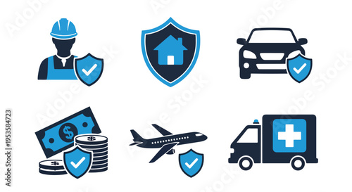 flat blue insurance and protection icons set - Blue icon set - Modern style icon  - Glyph and solid icon set - Icon vector