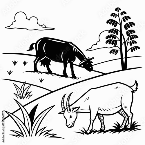 Two goats grazing in a field with grass and trees