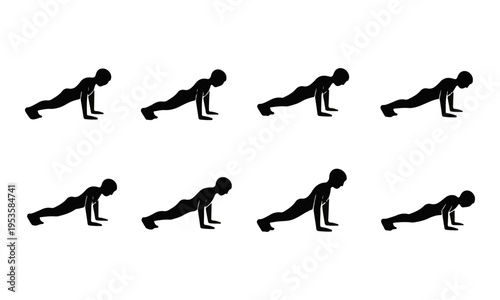  Push up exercise sequence silhouette set showing step by step body movement positions, fitness training routine illustration, strength workout guide, minimal black figures on white background