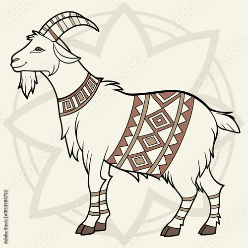 A white goat with brown patterns on its body