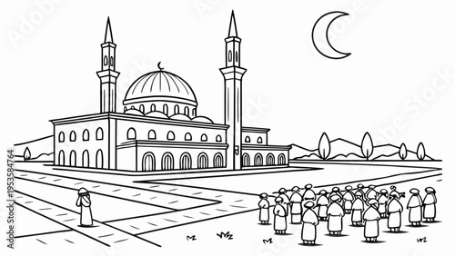 A mosque with people standing in front of it