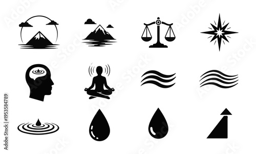 Minimalist Black Vector Icon Set for Meditation, Nature, Balance, and Well-being Concepts