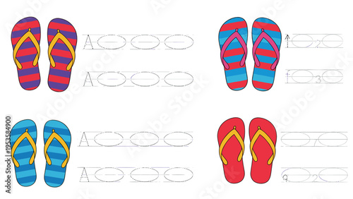 Educational worksheet for kids featuring four pairs of colorful flip flops with circular tracing lines to practice drawing.