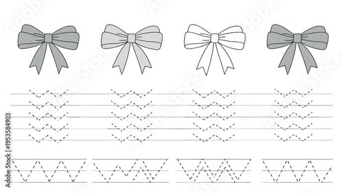 Educational motor skills worksheet for children featuring grey bow ties and zig zag tracing lines for penmanship practice.