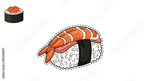 Salmon and shrimp nigiri sushi shown as a sticker with a dotted cut line and a small roll icon.